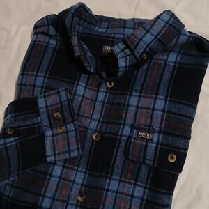 SMITH'S Work Wear Men's XL Deep Blue/Grey Plaid Flannel Easy Care Long-Sleeved